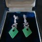Antique Vintage Art Deco 925 Silver Jadeite & White Topaz Dangle Earrings
