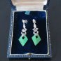 Antique Vintage Art Deco 925 Silver Jadeite & White Topaz Dangle Earrings