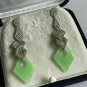 Antique Vintage Art Deco 925 Silver Jadeite & White Topaz Dangle Earrings