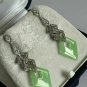 Antique Vintage Art Deco 925 Silver Jadeite & White Topaz Dangle Earrings