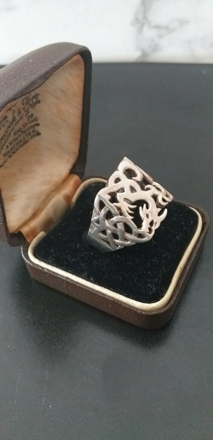Antique Vintage Ring Signet -Celtic Dragon Knot Open Work Size UK U 1/2, US 10.5