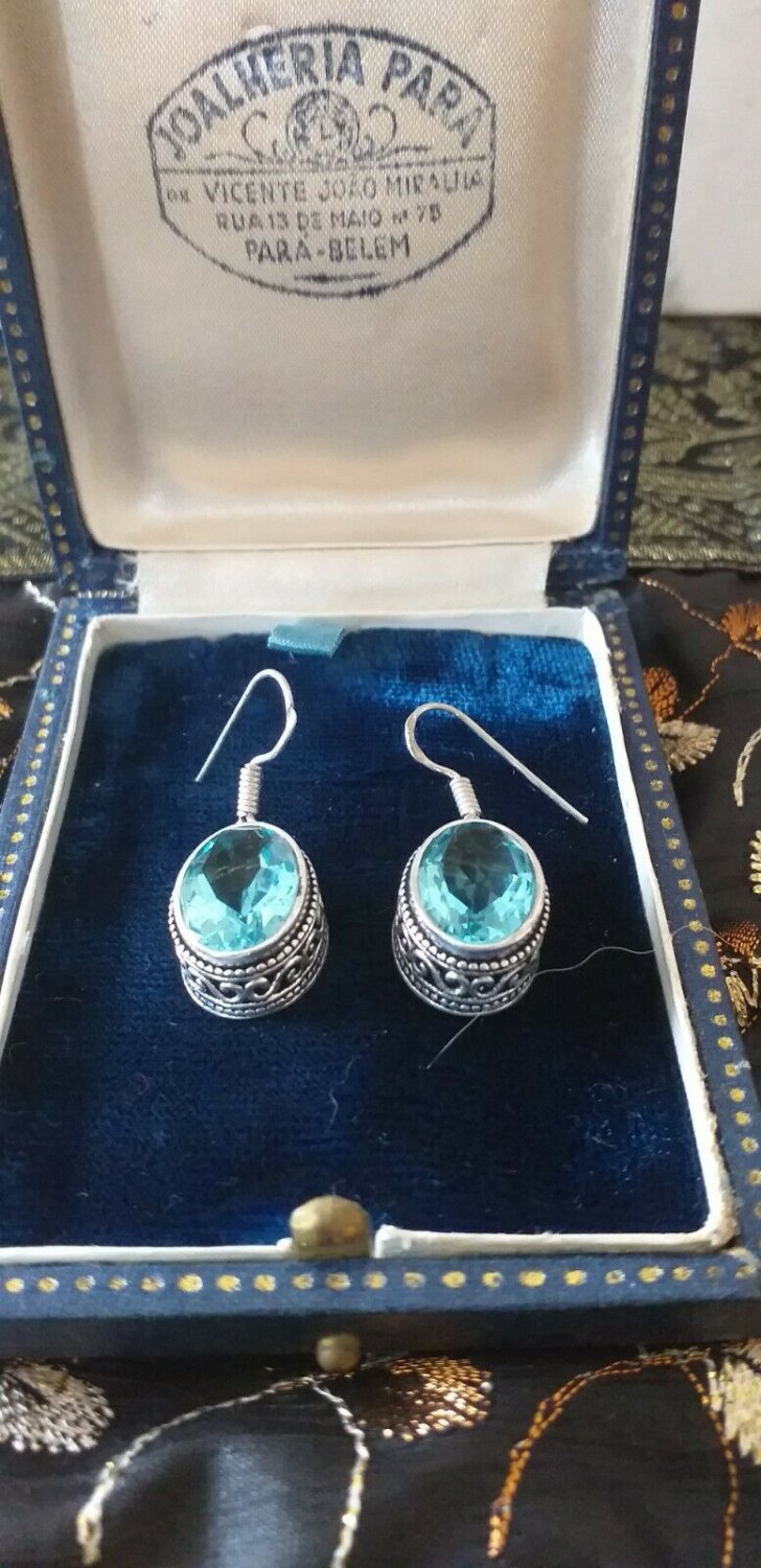 Antique Vintage Edwardian Sterling Silver AQUAMARINE Earrings
