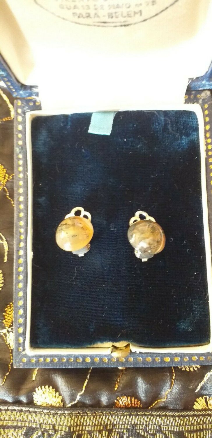 Antique Vintage 1980 Small Scottish Agate  Sterling Silver Earrings Clip on