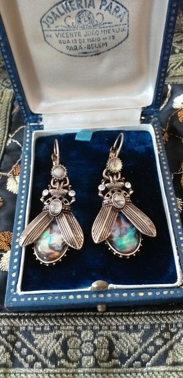 Abalone Antique Vintage Beetle Earrings Gold Tone - Beautiful Piece of History!
