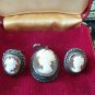 Antique Vintage Late Edwardian Fine Silver Carved Cameo Pendant and Earrings Set