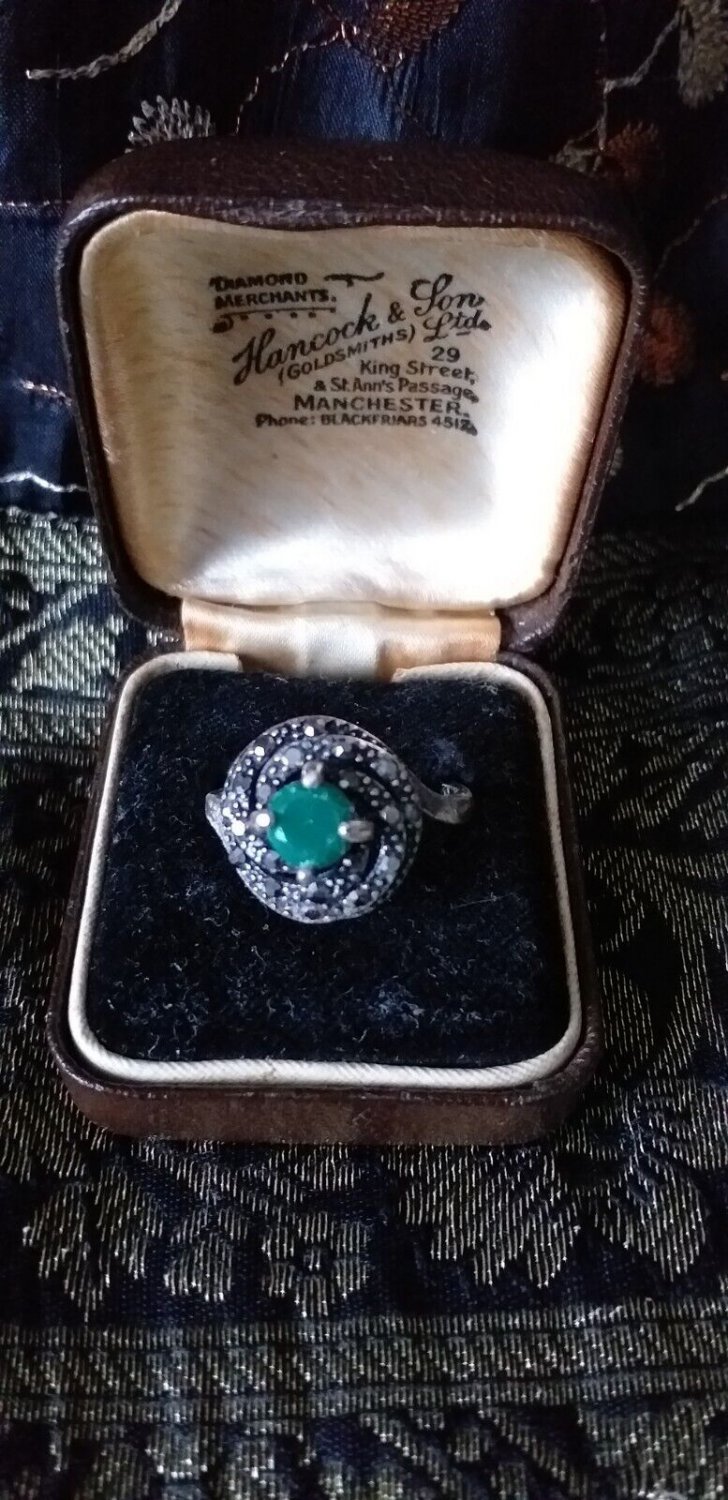 Vintage 1920-s Art Deco 800 Silver Raw Emerald / Marcasite Ring  Size US 7, UK 0