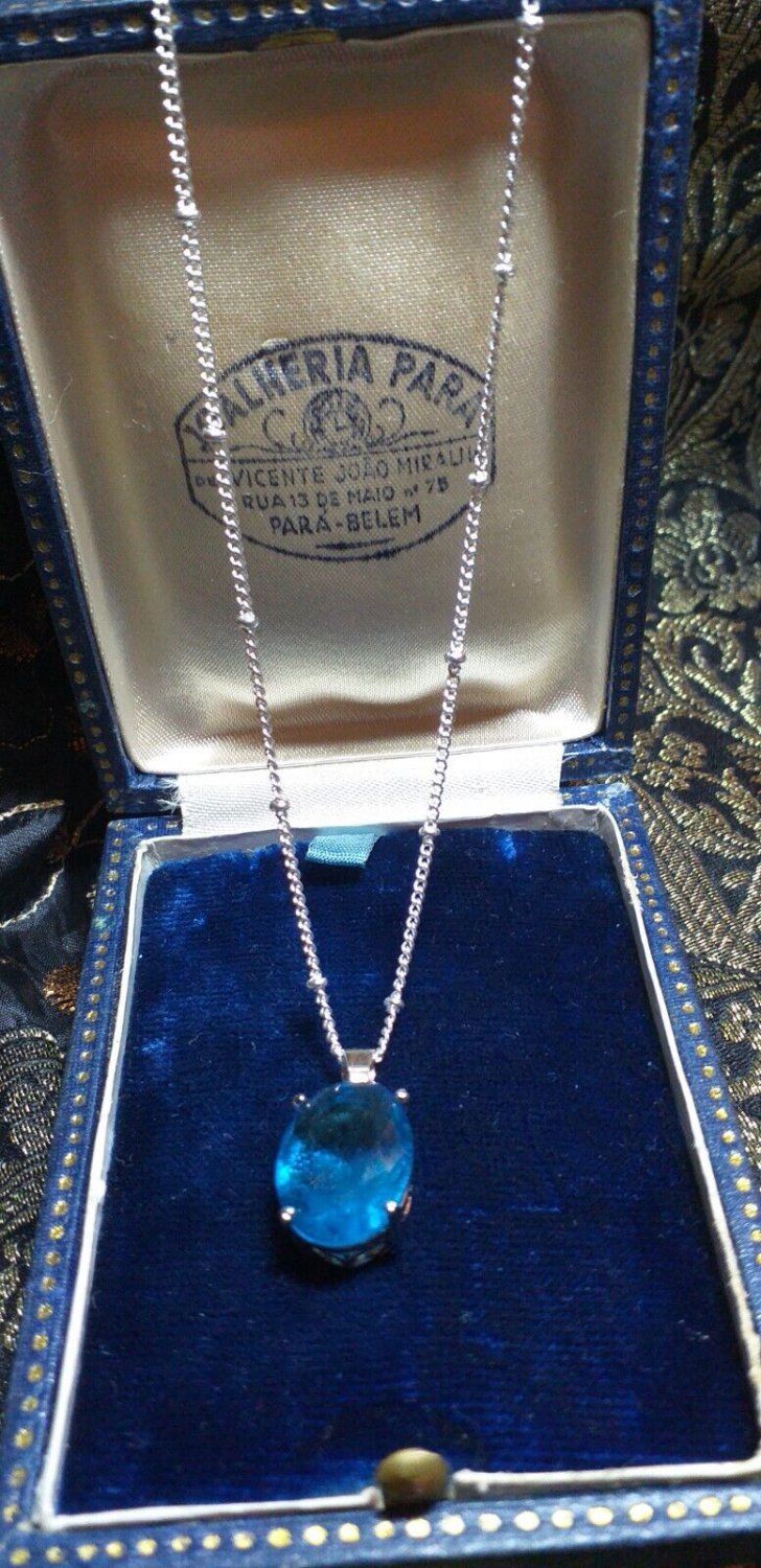 Vintage 1960-s Sterling Silver Large Blue Topaz Necklace on  18 inch Chain.