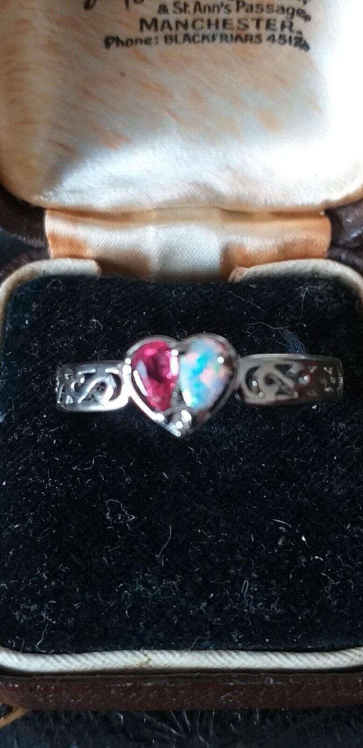 Vintage Celtic 1970 Ruby and Opal Sterling Silver Heart Ring Size UK R 1/2, US 9