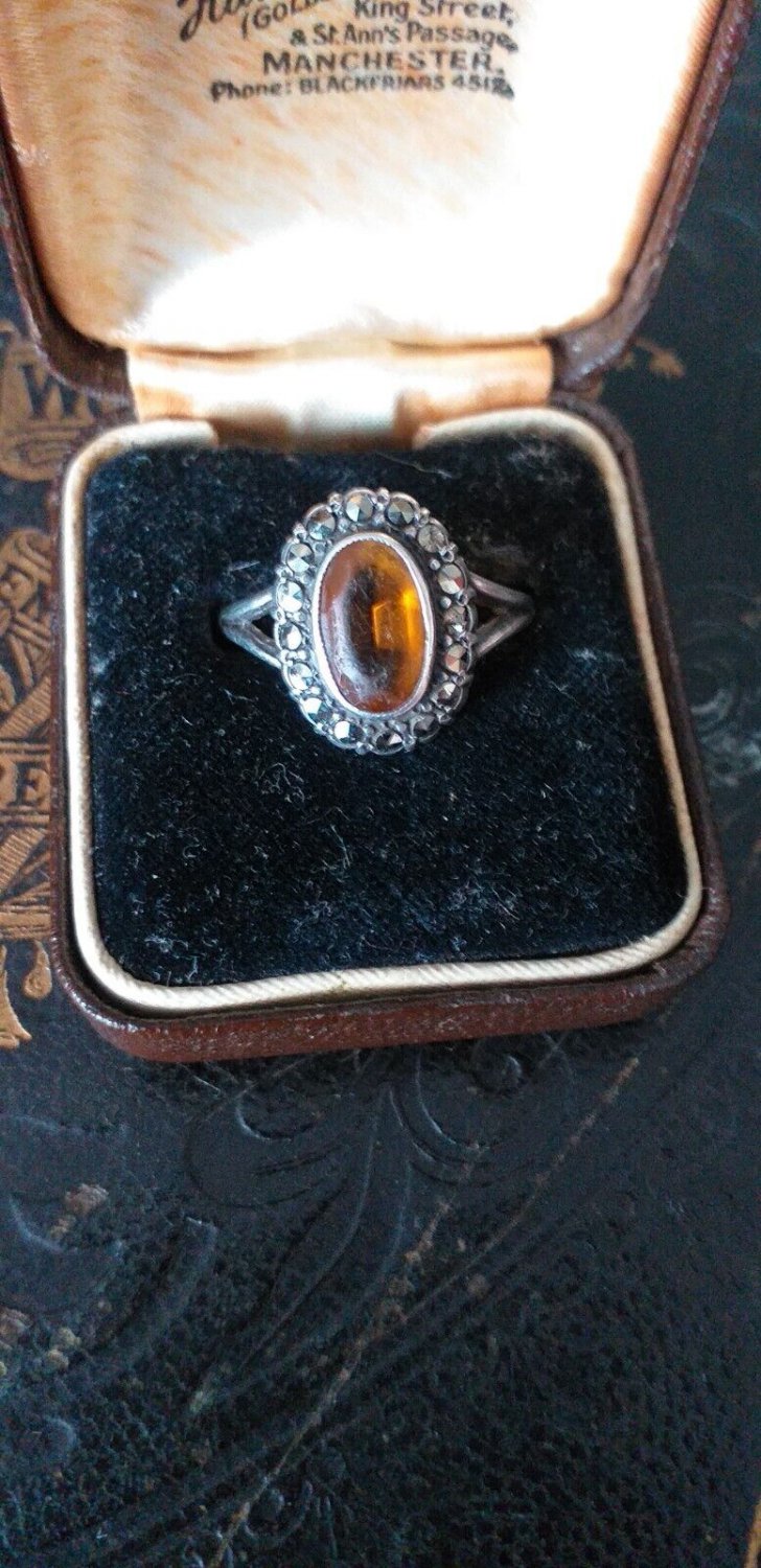 Antique Vintage Victorian Silver Amber Marcasite Ring -  UK Size P, US 7 1/2
