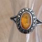 Antique Vintage Victorian Silver Amber Marcasite Ring -  UK Size P, US 7 1/2