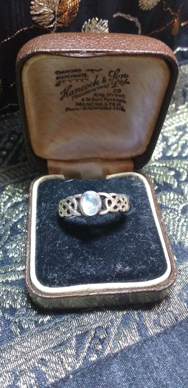 Antique Vintage 1920-sCeltic  Sterling Silver Moonstone Ring UK Size N, US 6 3/4