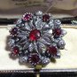 VINTAGE 1970-s Large Pewter Silvertone & Red Rhinestone Floral Cluster BROOCH.
