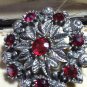 VINTAGE 1970-s Large Pewter Silvertone & Red Rhinestone Floral Cluster BROOCH.