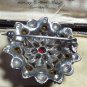 VINTAGE 1970-s Large Pewter Silvertone & Red Rhinestone Floral Cluster BROOCH.