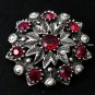 VINTAGE 1970-s Large Pewter Silvertone & Red Rhinestone Floral Cluster BROOCH.