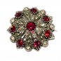 VINTAGE 1970-s Large Pewter Silvertone & Red Rhinestone Floral Cluster BROOCH.