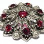 VINTAGE 1970-s Large Pewter Silvertone & Red Rhinestone Floral Cluster BROOCH.