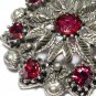 VINTAGE 1970-s Large Pewter Silvertone & Red Rhinestone Floral Cluster BROOCH.