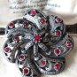 VINTAGE 1940-s Large Pewter Deep Red Rhinestone Ornate Swirl Floral BROOCH