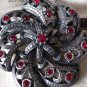 VINTAGE 1940-s Large Pewter Deep Red Rhinestone Ornate Swirl Floral BROOCH