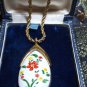 VINTAGE Gold Plated Rope Chain & White Pot/Ceramic Red Floral Painted PENDANT