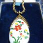 VINTAGE Gold Plated Rope Chain & White Pot/Ceramic Red Floral Painted PENDANT