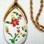VINTAGE Gold Plated Rope Chain & White Pot/Ceramic Red Floral Painted PENDANT