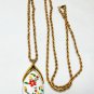 VINTAGE Gold Plated Rope Chain & White Pot/Ceramic Red Floral Painted PENDANT
