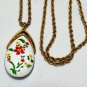 VINTAGE Gold Plated Rope Chain & White Pot/Ceramic Red Floral Painted PENDANT