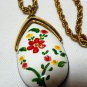 VINTAGE Gold Plated Rope Chain & White Pot/Ceramic Red Floral Painted PENDANT