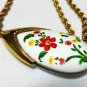 VINTAGE Gold Plated Rope Chain & White Pot/Ceramic Red Floral Painted PENDANT