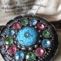 VINTAGE 1960-s Large Silver Pewter Red/Green/Turquoise Rhinestone & Glass BROOCH