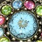 VINTAGE 1960-s Large Silver Pewter Red/Green/Turquoise Rhinestone & Glass BROOCH