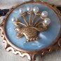 Vintage 1930-s Gold Blue Mother of Pearl Metal Brooch - Very Rare and Beautiful!