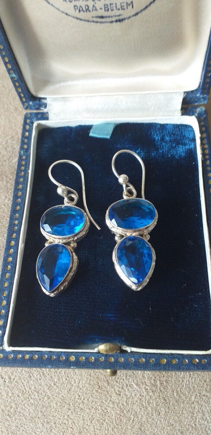 Antique Vintage Heavy - Large Edwardian Blue Topaz Sterling Silver  Earrings