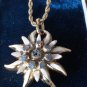 VINTAGE 22 ct Gold Plated Rope Chain Grey/Cream Painted Edelweiss Floral PENDANT