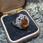Antique Vintage 1920-s Sterling Silver Amber Marcasite Ring UK Size N, US 6 3/4
