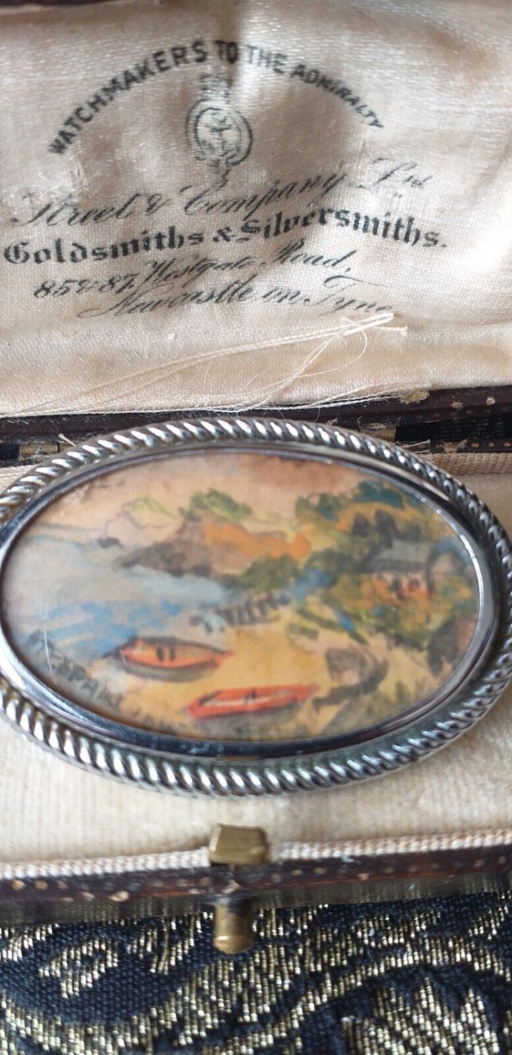 VINTAGE Signed Oval Silvertone Framed Hand Painted Beach Scene Cove BROOCH