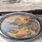 VINTAGE Signed Oval Silvertone Framed Hand Painted Beach Scene Cove BROOCH