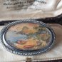 VINTAGE Signed Oval Silvertone Framed Hand Painted Beach Scene Cove BROOCH
