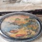 VINTAGE Signed Oval Silvertone Framed Hand Painted Beach Scene Cove BROOCH
