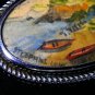 VINTAGE Signed Oval Silvertone Framed Hand Painted Beach Scene Cove BROOCH