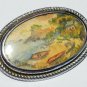VINTAGE Signed Oval Silvertone Framed Hand Painted Beach Scene Cove BROOCH