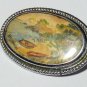 VINTAGE Signed Oval Silvertone Framed Hand Painted Beach Scene Cove BROOCH