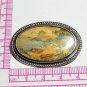 VINTAGE Signed Oval Silvertone Framed Hand Painted Beach Scene Cove BROOCH
