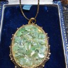 Antique Vintage Gold Chain & Oval Ornate Framed Polished Jade Chip PENDANT