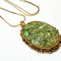 Antique Vintage Gold Chain & Oval Ornate Framed Polished Jade Chip PENDANT