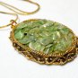 Antique Vintage Gold Chain & Oval Ornate Framed Polished Jade Chip PENDANT