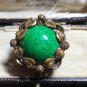 VINTAGE Signed Azub Austria Brasstone Green Peking Glass Cabochon Floral BROOCH
