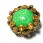 VINTAGE Signed Azub Austria Brasstone Green Peking Glass Cabochon Floral BROOCH